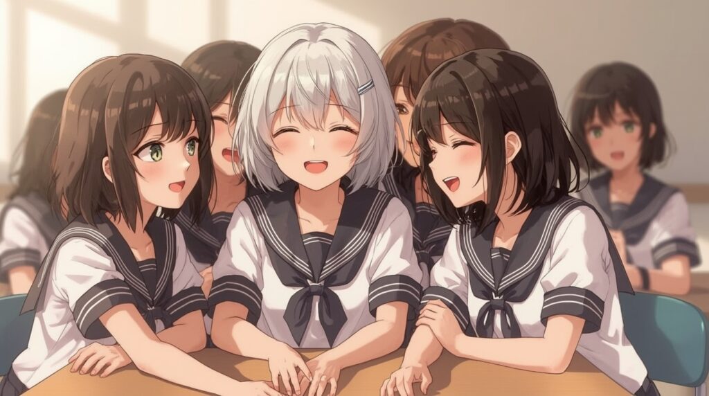 寝たフリ陰キャの意中の女子が談笑している様子