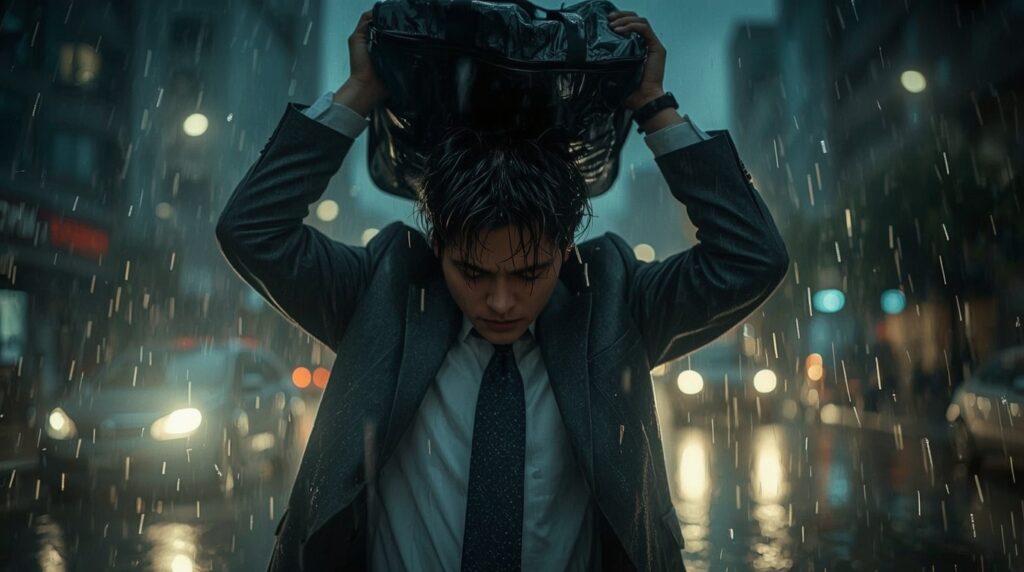 雨に濡れて帰る人物