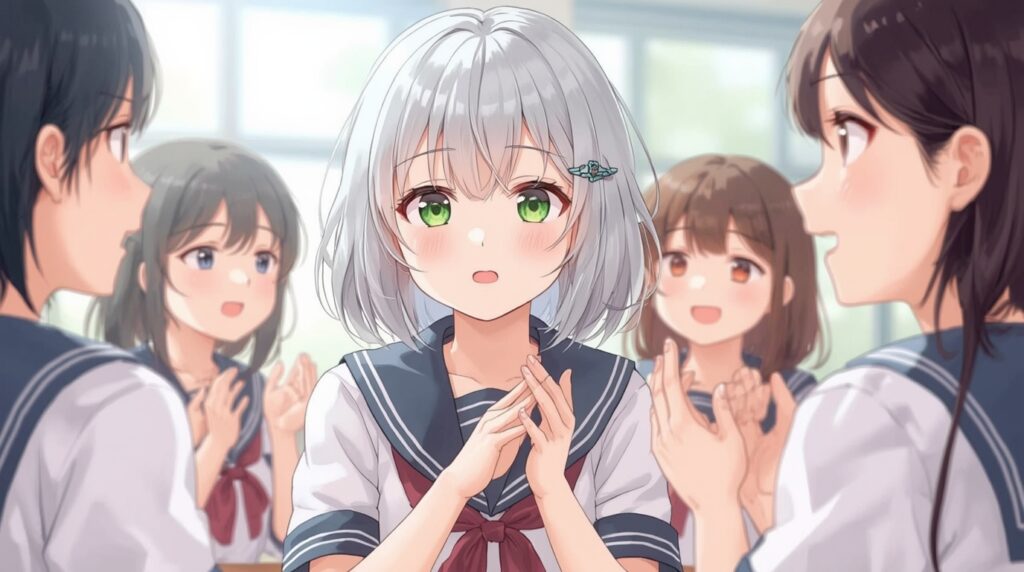 教室中央で談笑する一軍女子の中心にいる意中の相手（女神）