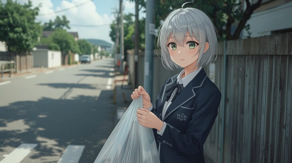 朝のゴミ捨てに向かう新玉さん