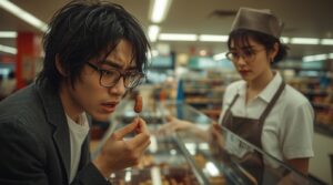 ウインナーの試食をする男性