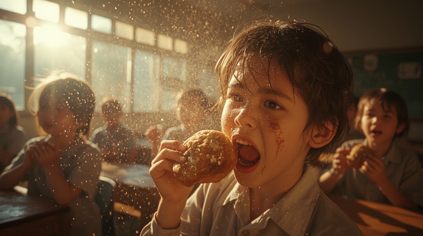 揚げパンを頬張る生徒