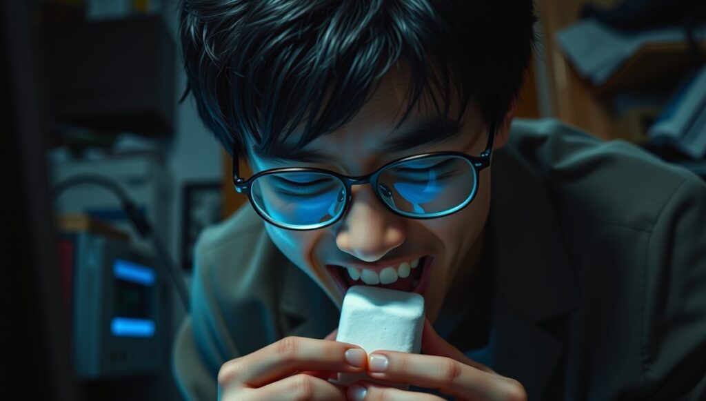 大人が戻るまで我慢せずマシュマロを食べてしまう男子学生