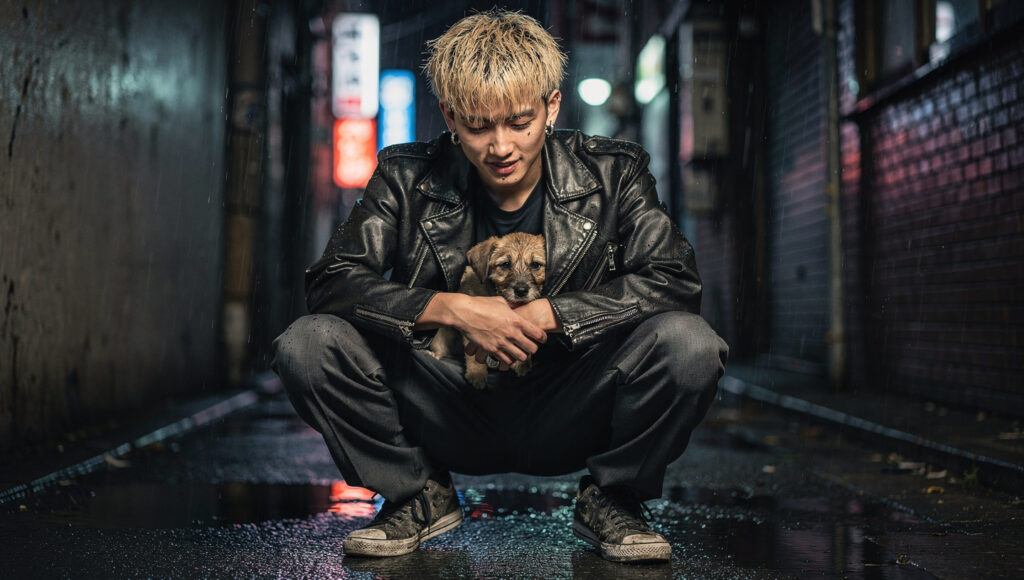 革ジャンに子犬を抱える男性