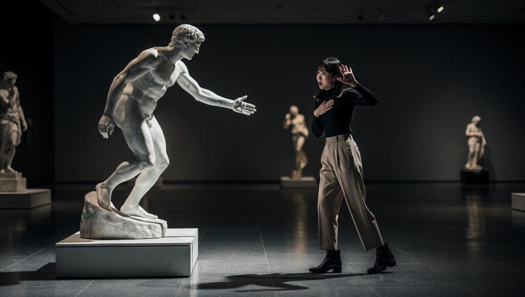 展示彫刻が勝手に動いて驚く女性