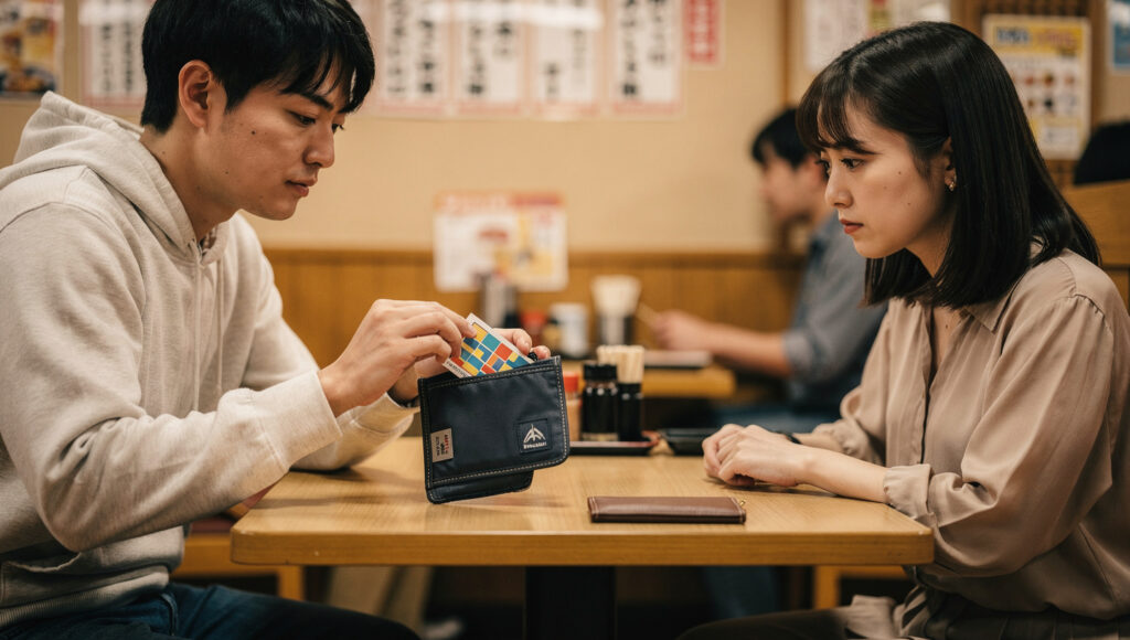 チェーン店で値引きクーポンを使おうとする男性