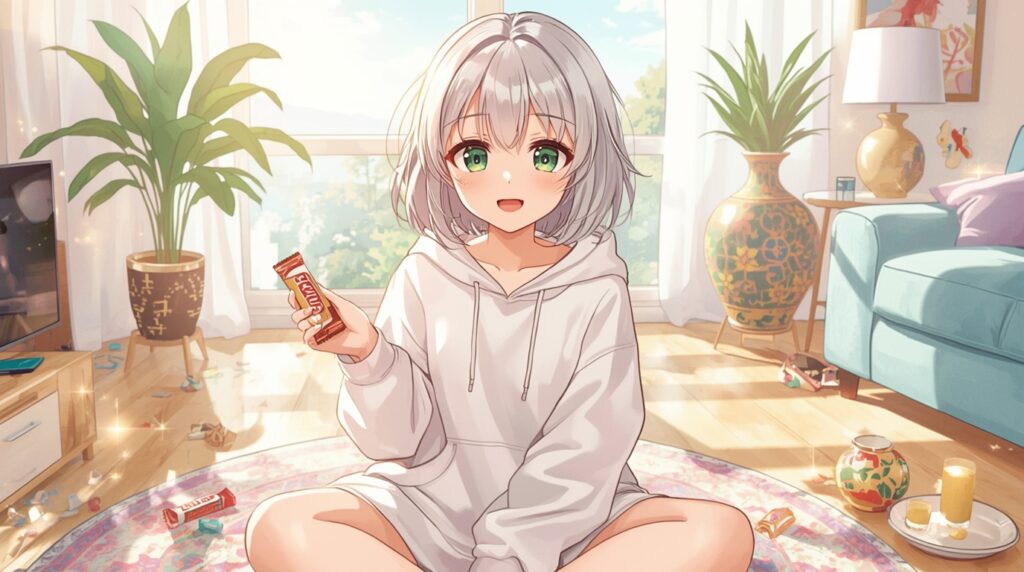 100円のお菓子を持つ女性