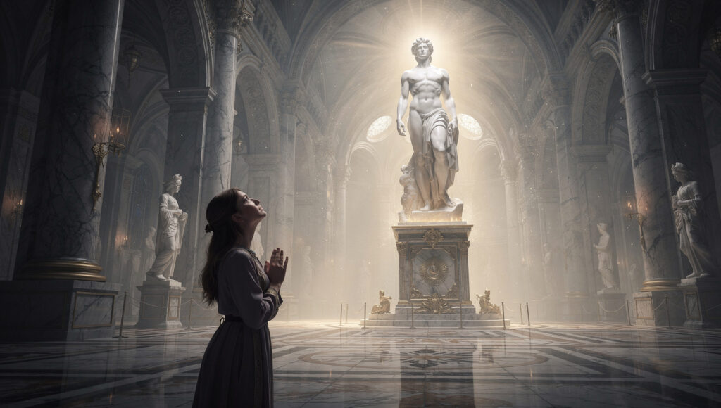 美しい彫刻を大切に飾っている女性