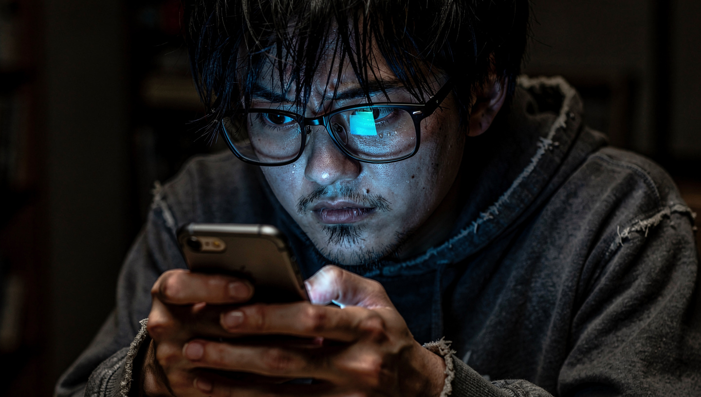 LINEグループを見つめる男性