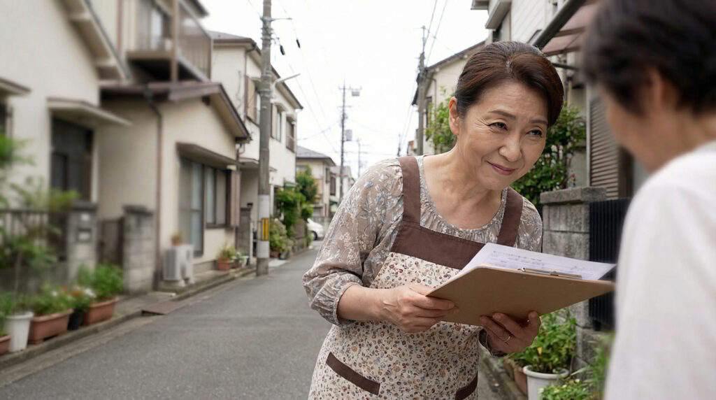 回覧板を回す女性