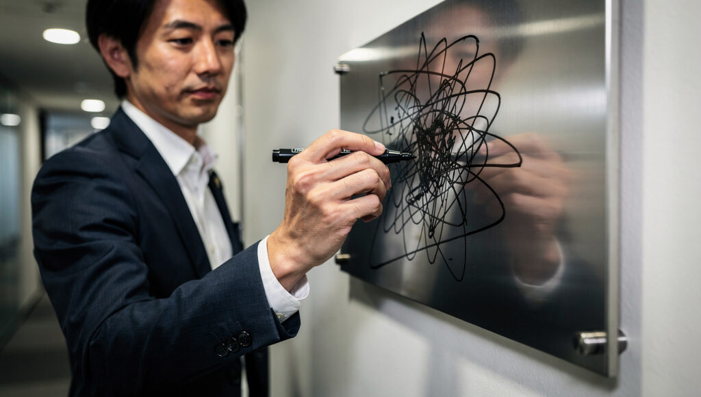 看板に油性マジックで落書きする男性