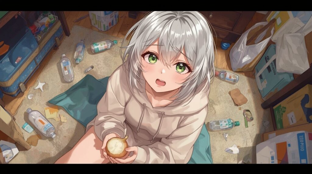 床にペットボトルが散乱している女性