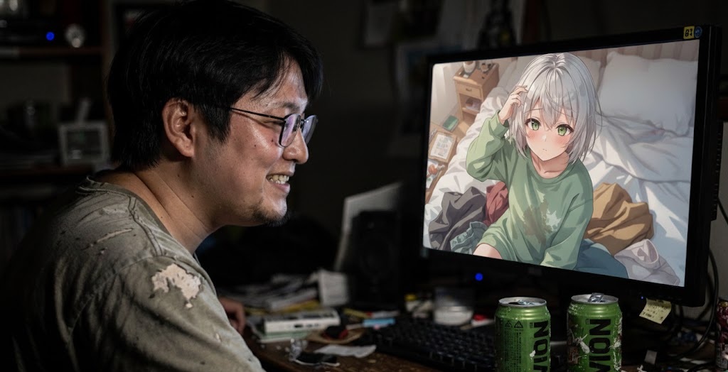 目を細めてニチャアと笑いながらおもしれー女を見守る男性