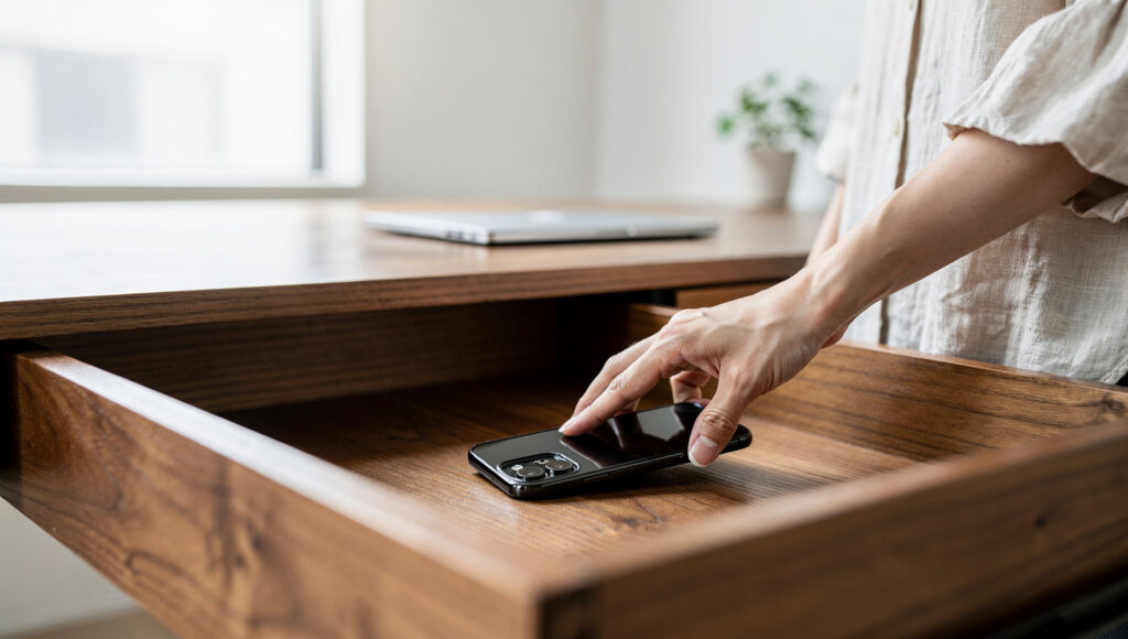 スマホを視界に入れないよう引き出しに入れる女性