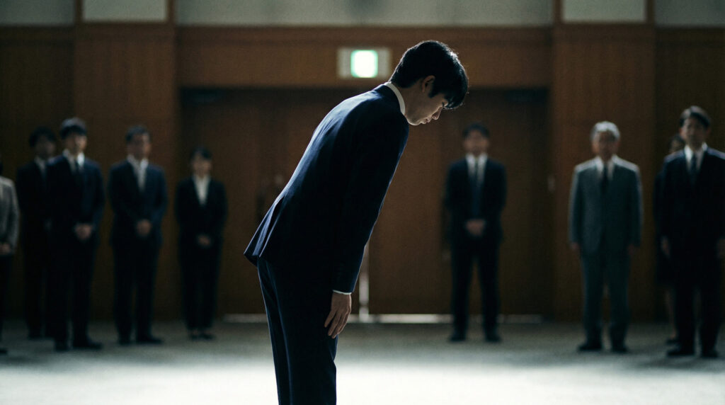 追いかけてくる相手に会釈をして、攻撃する気を失わせる男性