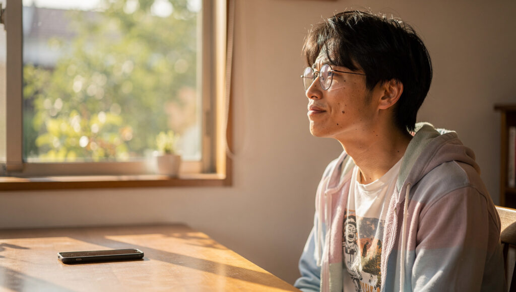 スマホを置く男性