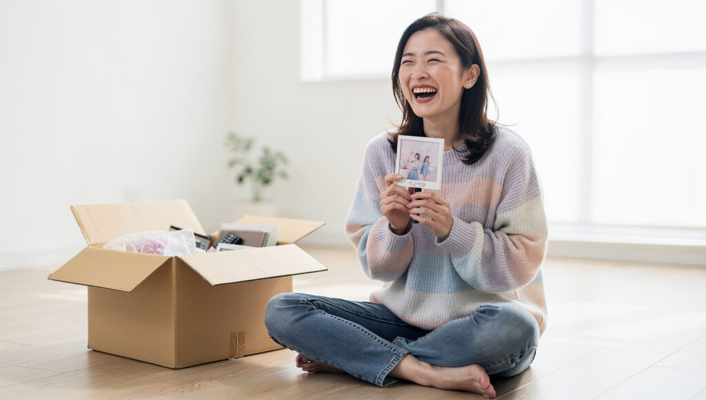 久しぶりに推しのグッズに対面し笑う女性