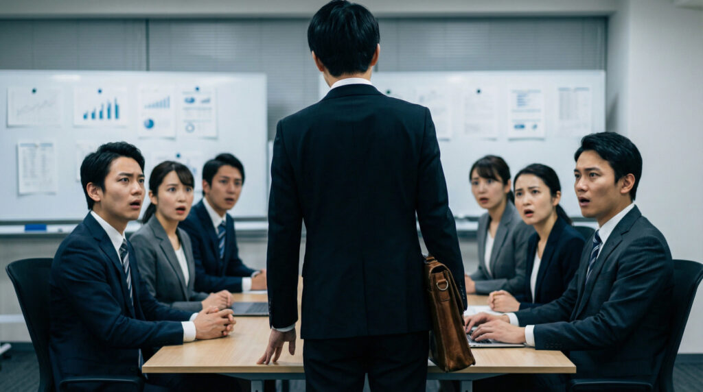 オフィスの会議中に突然無言で立ち上がり、そのままカバンを持って部屋を出ていく男性