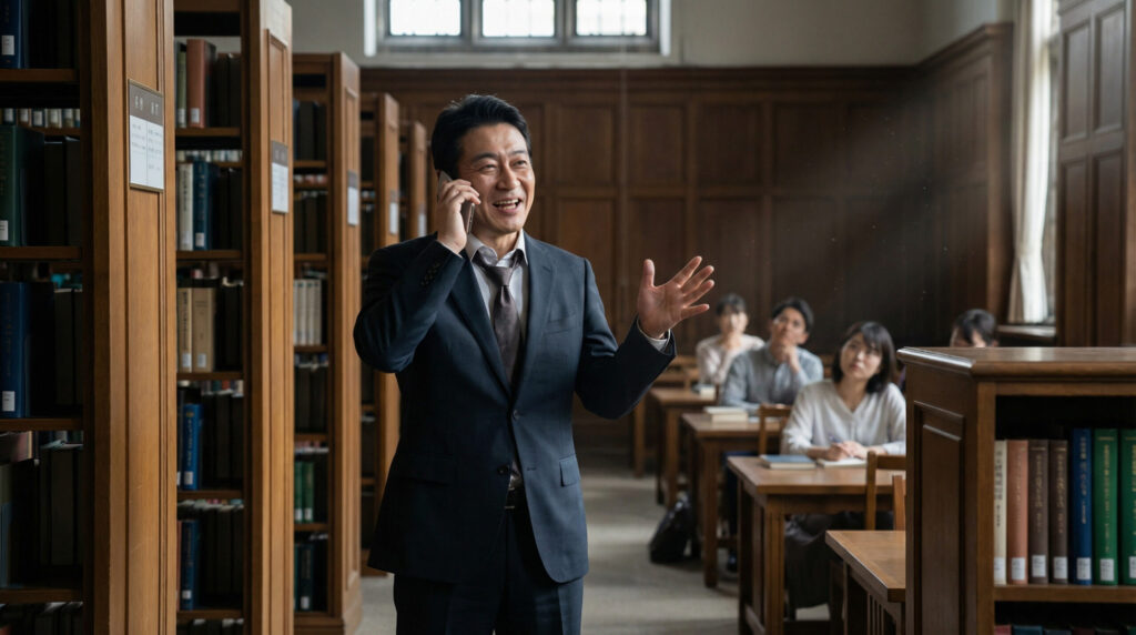 図書館で電話する男性