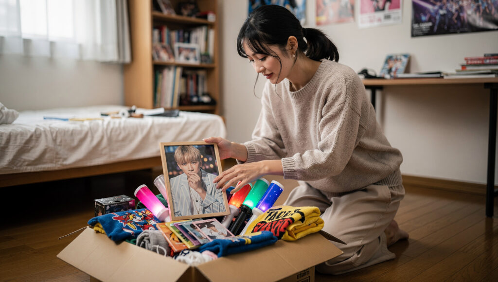 推しグッズを段ボールの中に詰める女性