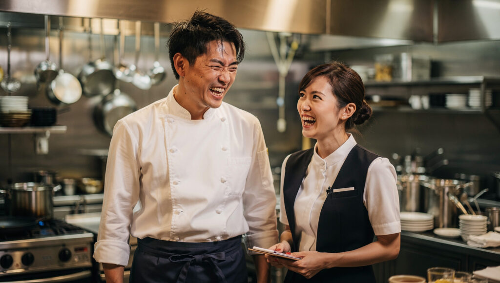 さっきの客の箸の持ち方をネタにして笑いあう飲食店店員