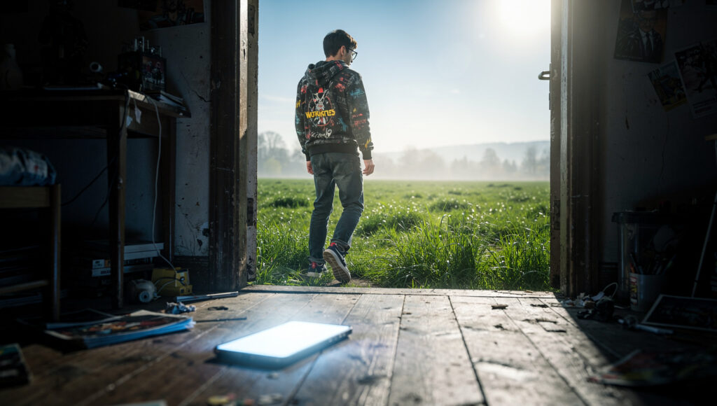 スマホを置いていく男性