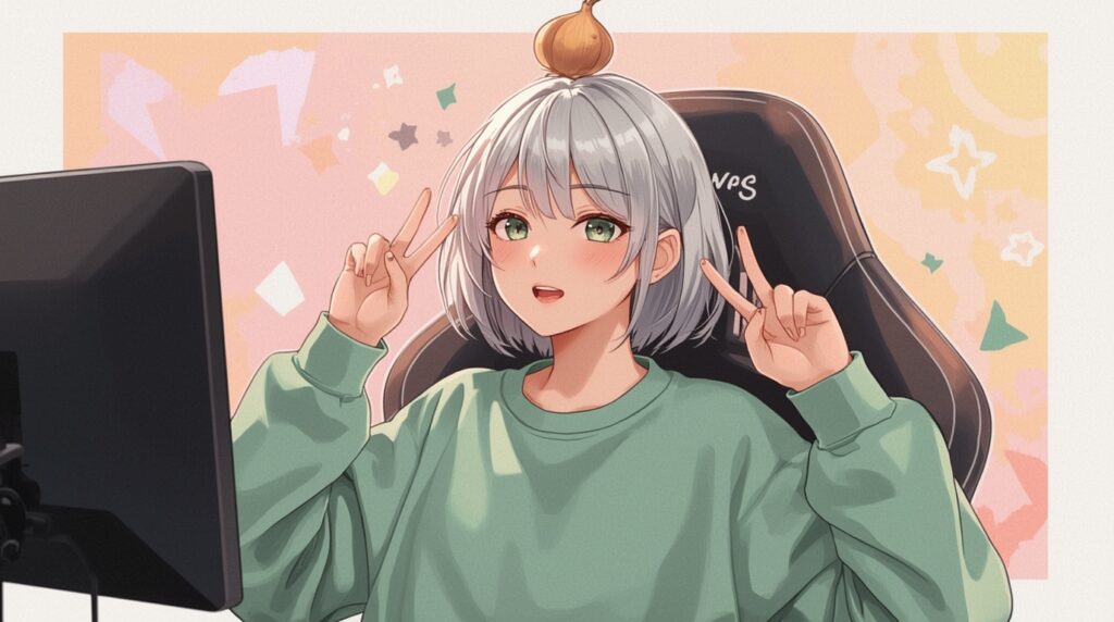 頭に玉ネギを載せて配信している女性