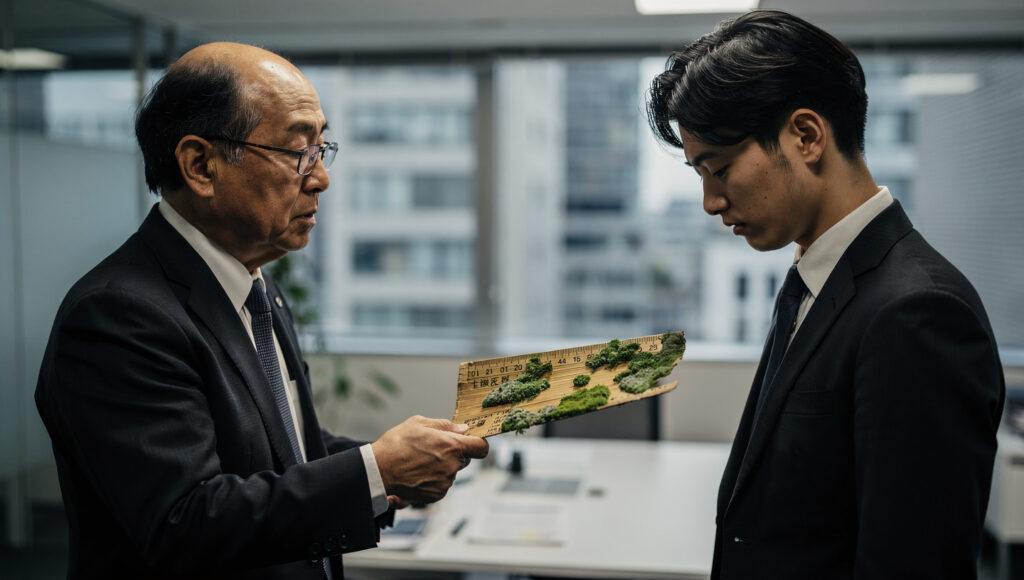 カビの生えた物差しを渡す上司