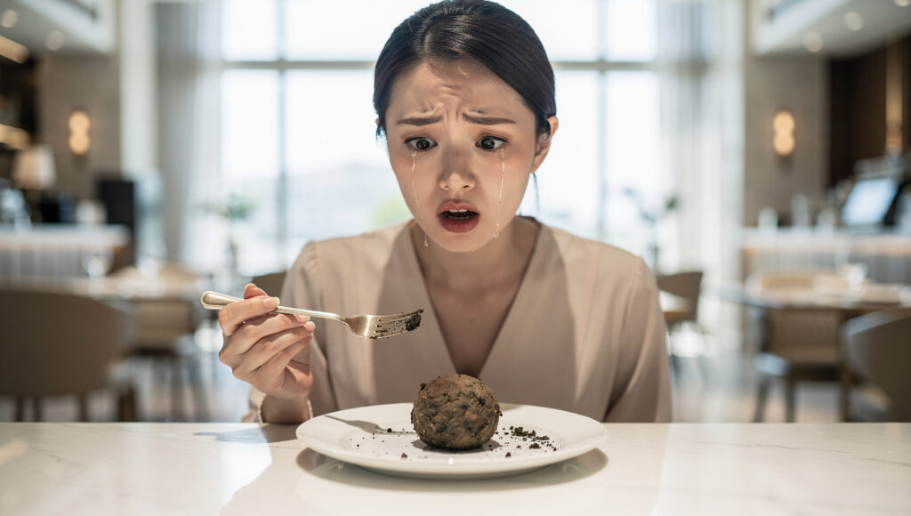 ケーキのような泥団子を食べる女性