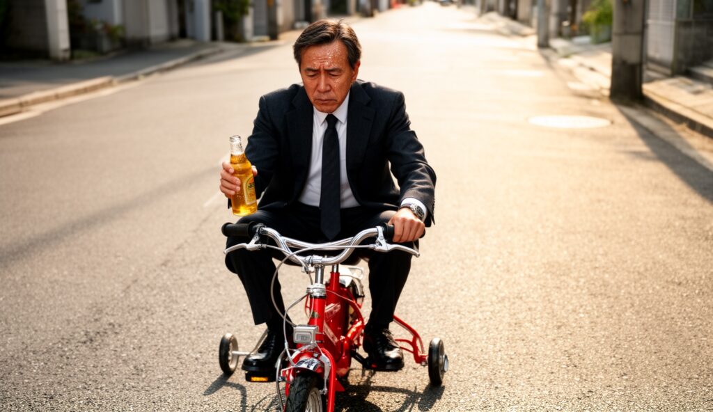 補助輪を付けた三輪車で走る男性