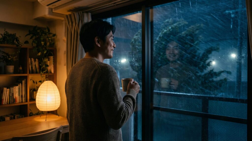 嵐の日にあえて窓の外を見て「家の中は安全だ」とホッとする男性