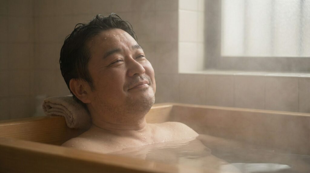 ぬるめのお湯に浸かる男性