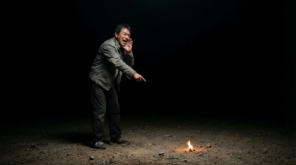 「おーい、ここに燃えそうなものがあるぞ」と叫ぶ男性