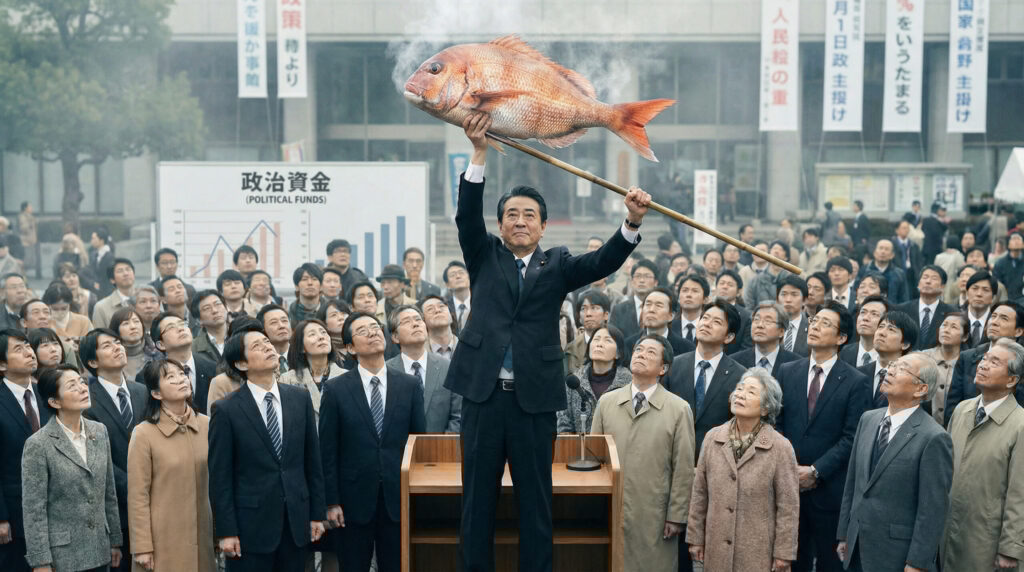 「そういえば、あの議員の不倫疑惑はどうなった？」とニシンを掲げる誰か