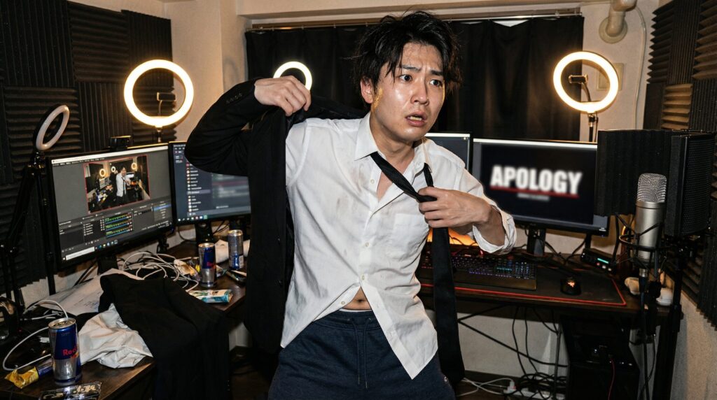 失言をしてからもうスーツに着替える男性