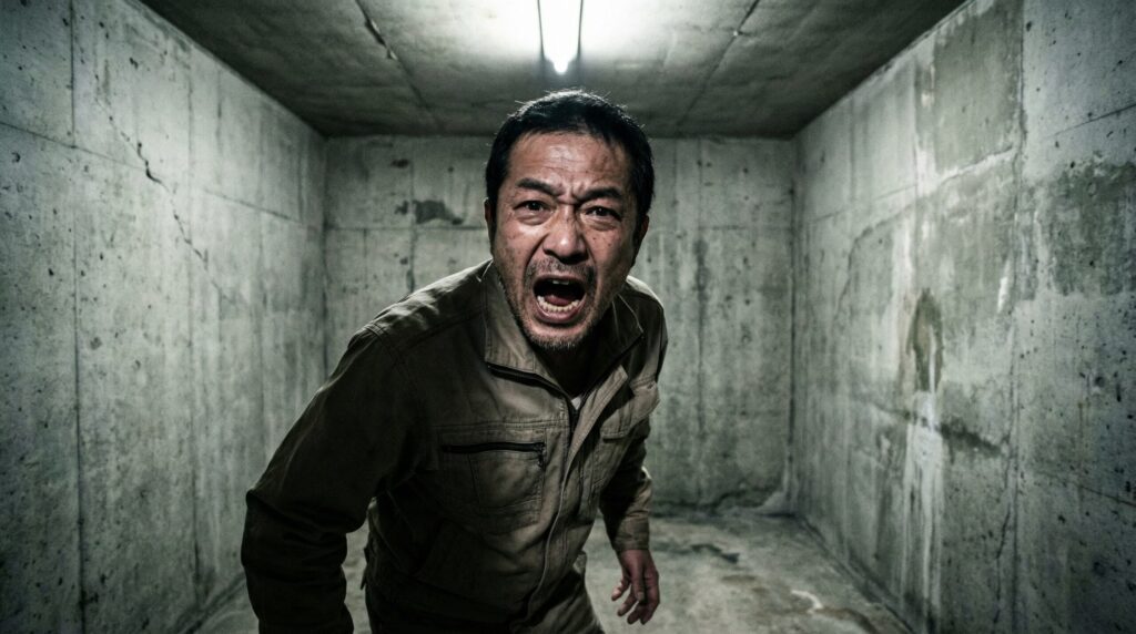 反響する部屋で叫ぶ男性