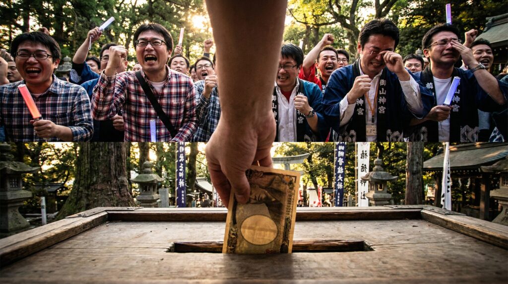 お賽銭箱にお金を入れるたびにどよめく境内