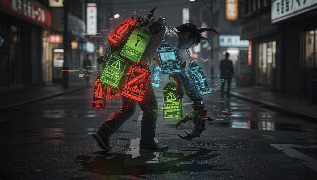 大量のタグが付いた男性