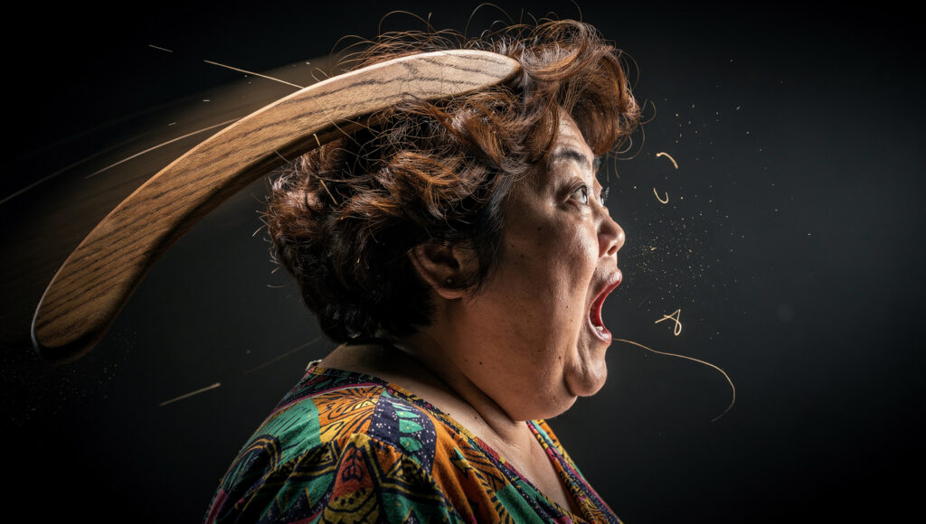 ブーメランが巨大化して後頭部に直撃する瞬間